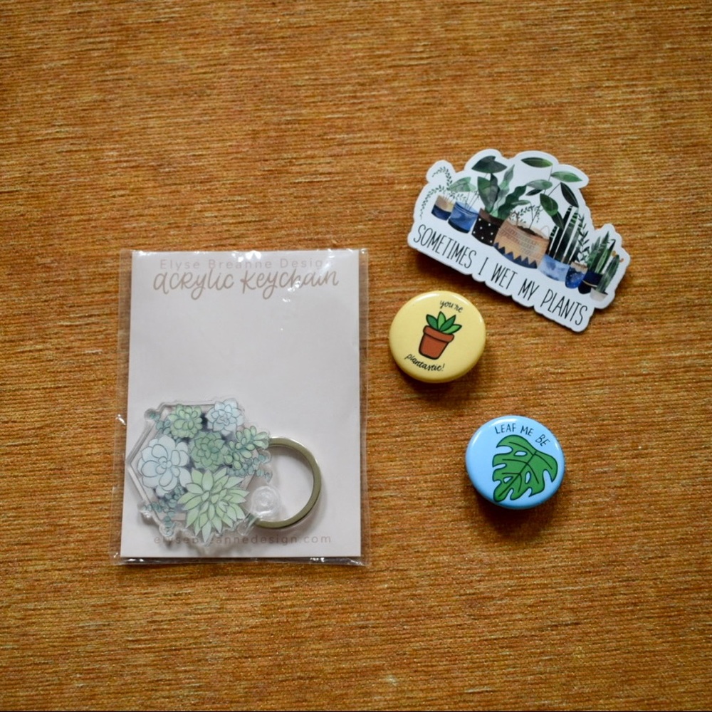 Plant Parent Bundle: Acrylic succulent keychain, sticker, 2 pins 🌿🪴💦